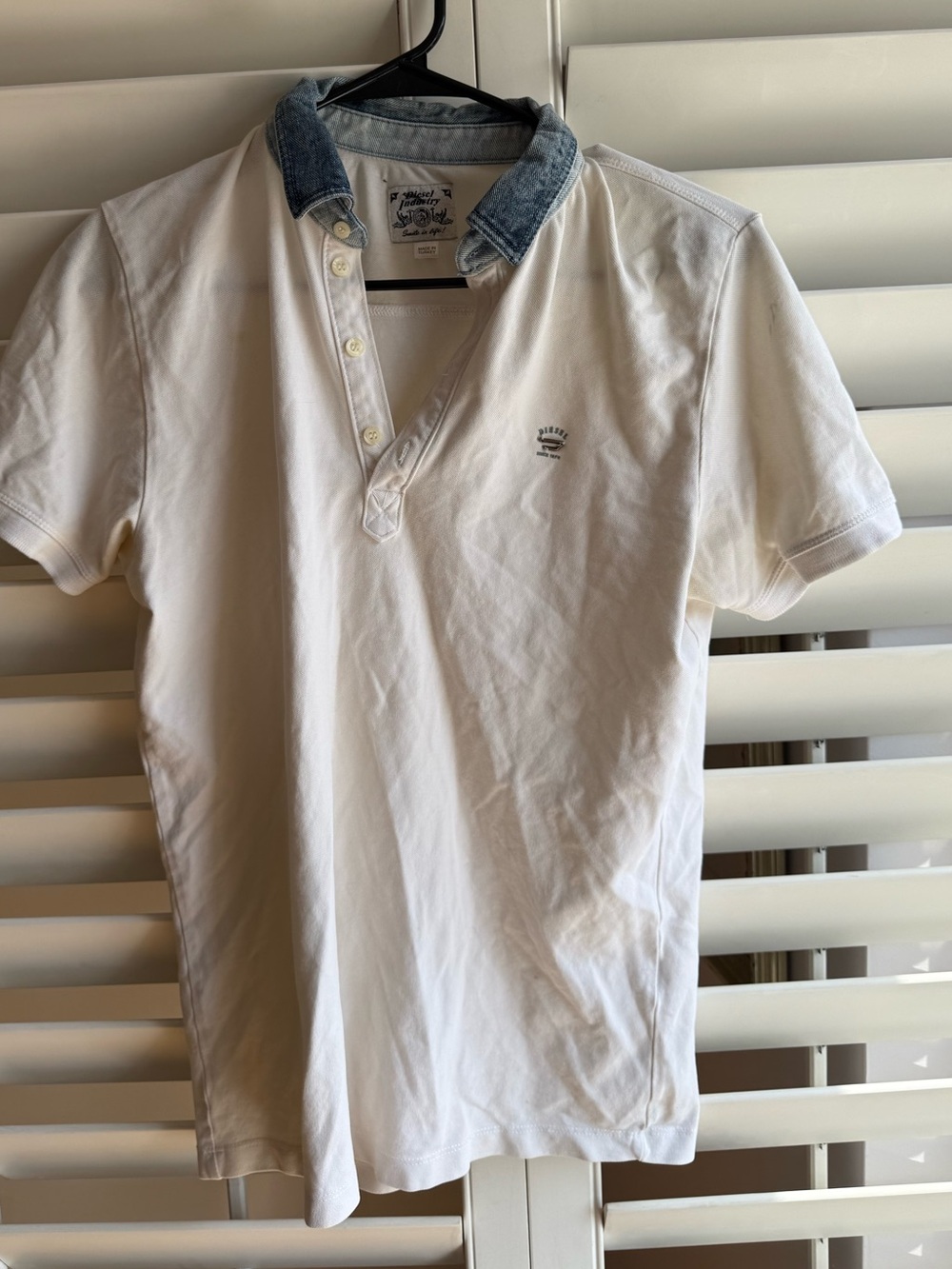 White Polo Shirt with Denim Collar